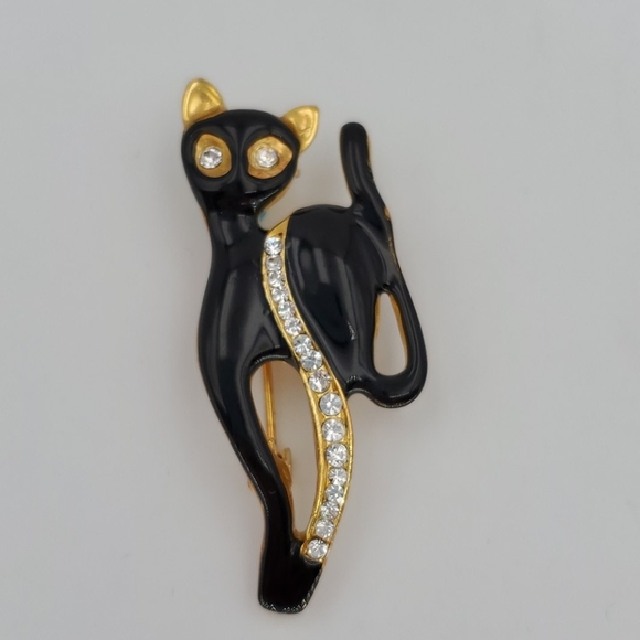 Black Enamel & Rhinestone Cat Brooch - Picture 3 of 5